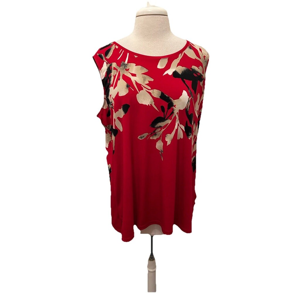 Susan Graver Red Floral Sleeveless Knit Shell with Black & Neutral Blooms